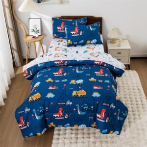 meeting story construction truck car twin comforter set for boys,5 pieces dinosaur bedding set with sheets and pillowcases，excavator lightweight microfiber bedding sets（blue，twin5pcs）