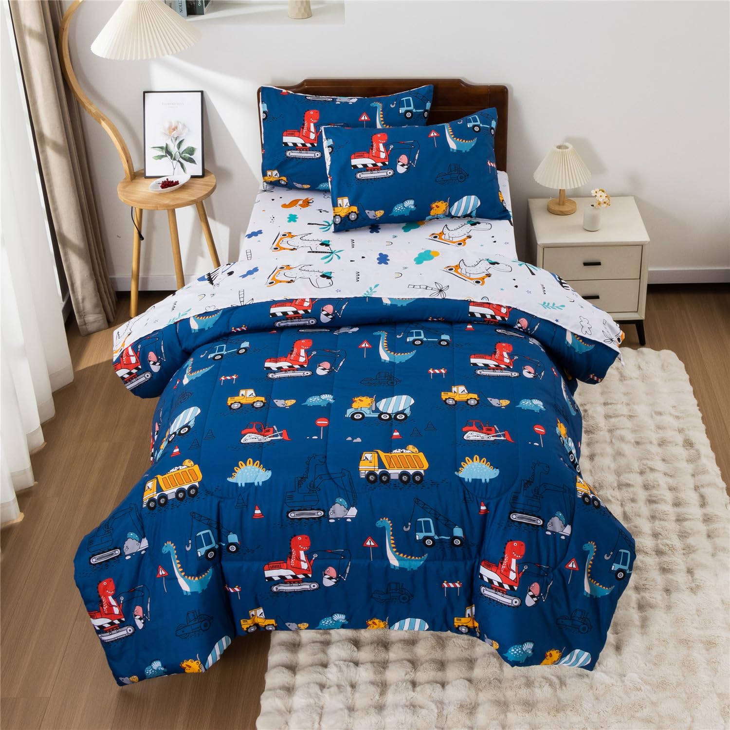 Meeting Story Construction Truck Car Twin Comforter Set for Boys,5 Pieces Dinosaur Bedding Set with Sheets and Pillowcases，Excavator Lightweight Microfiber Bedding Sets（Blue，Twin5pcs）