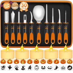 halloween pumpkin carving kit with stencils, 30 pcs professional pumpkin carving tools, heavy duty pumpkin carving knife, safety stainless steel jack-o-lanterns pumpkin carving set for kids adults