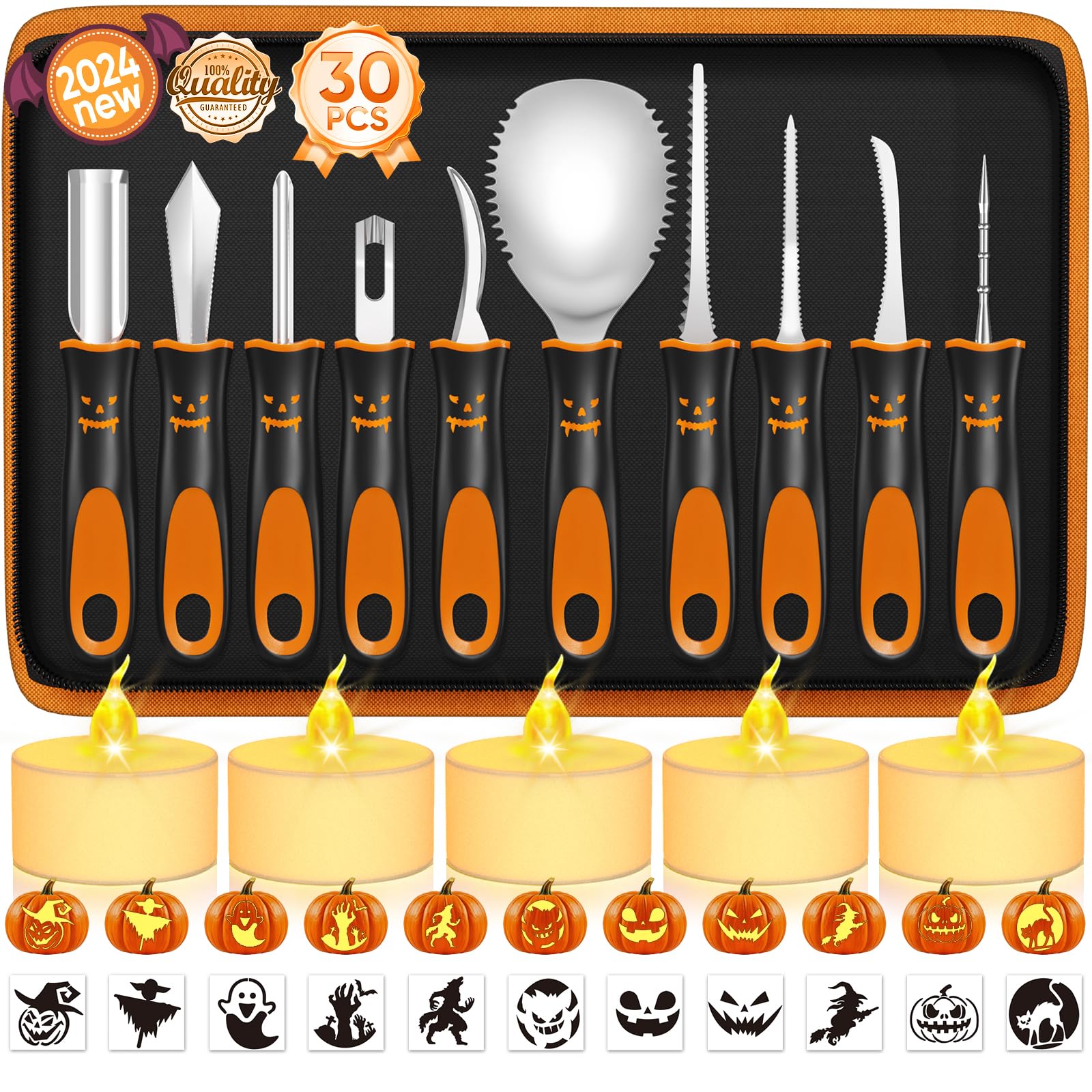 Halloween Pumpkin Carving Kit with Stencils, 30 PCS Professional Pumpkin Carving Tools, Heavy Duty Pumpkin Carving Knife, Safety Stainless Steel Jack-O-Lanterns Pumpkin Carving Set for Kids Adults