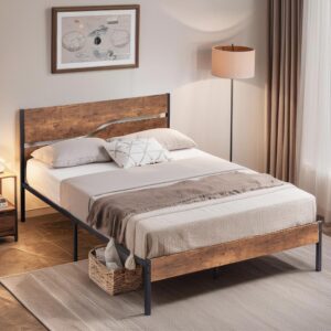 VECELO Full Size Platform Bed Frame with Wood Headboard, Solid and Strong Metal Support, No Box Spring Needed