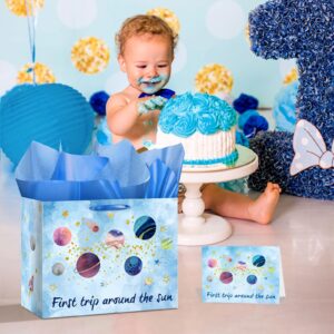 Baby Boy Gift Bags First Trip Around The Sun Decoration Galaxy Space 1st Birthday Wrapping Paper Bag Planet One Year Old Greeting Card Tissue Papers for Boys Baby Shower Party Favors Decor Supplies