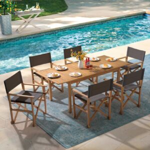 oc orange-casual 7 piece patio dining set, outdoor acacia wood furniture set, extendable rectangular table and 6 folding director chairs w/soft padding, fsc certified, for backyard,dark grey