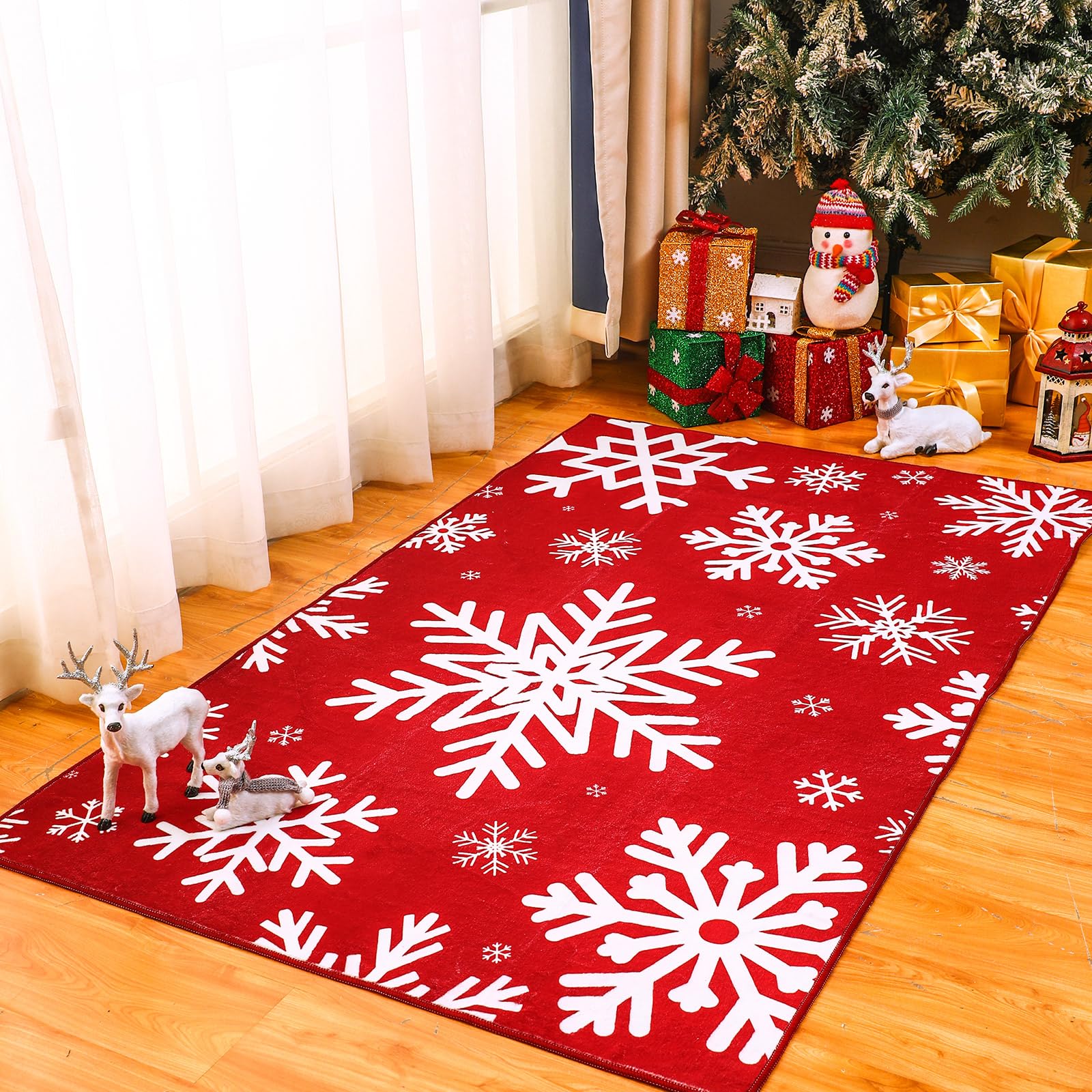 Drydiet Christmas Area Rug Xmas Snowflake Washable Non Slip Rug, Red White Xmas Winter Door Mat Holiday Decor Carpet for Living Room Bedroom Dining Room Kitchen Bathroom Hallway (3 x 5 Feet)