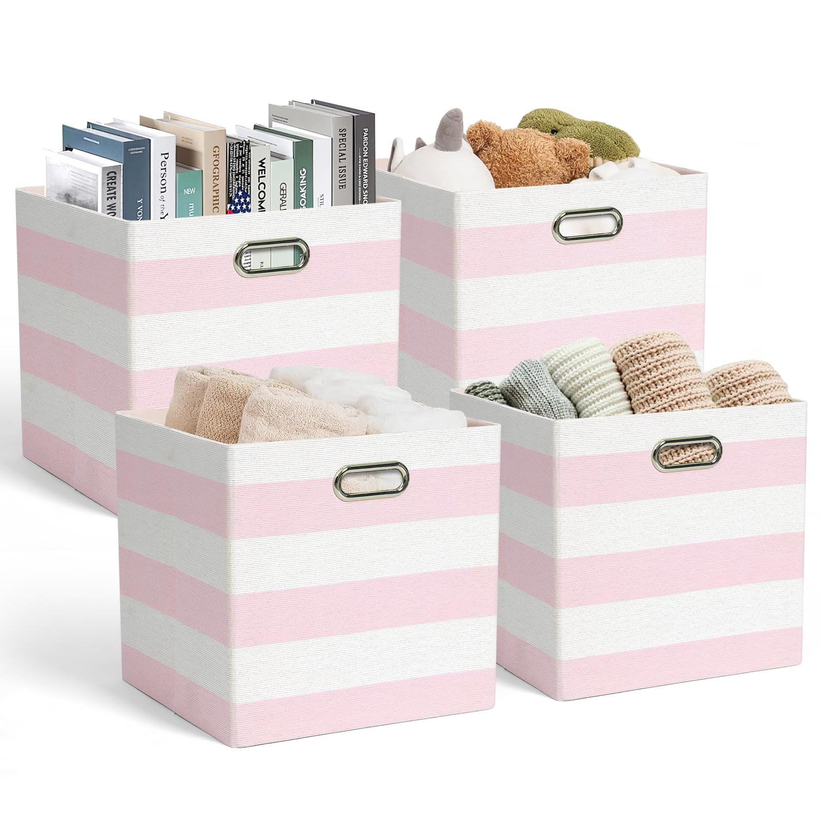 13x13 Collapsible Storage Bins, Cubby Storage Boxes with Handles for Organizing Shelf Closet, Offices, Home Decor, 4 Pack, Pink-white Stripes