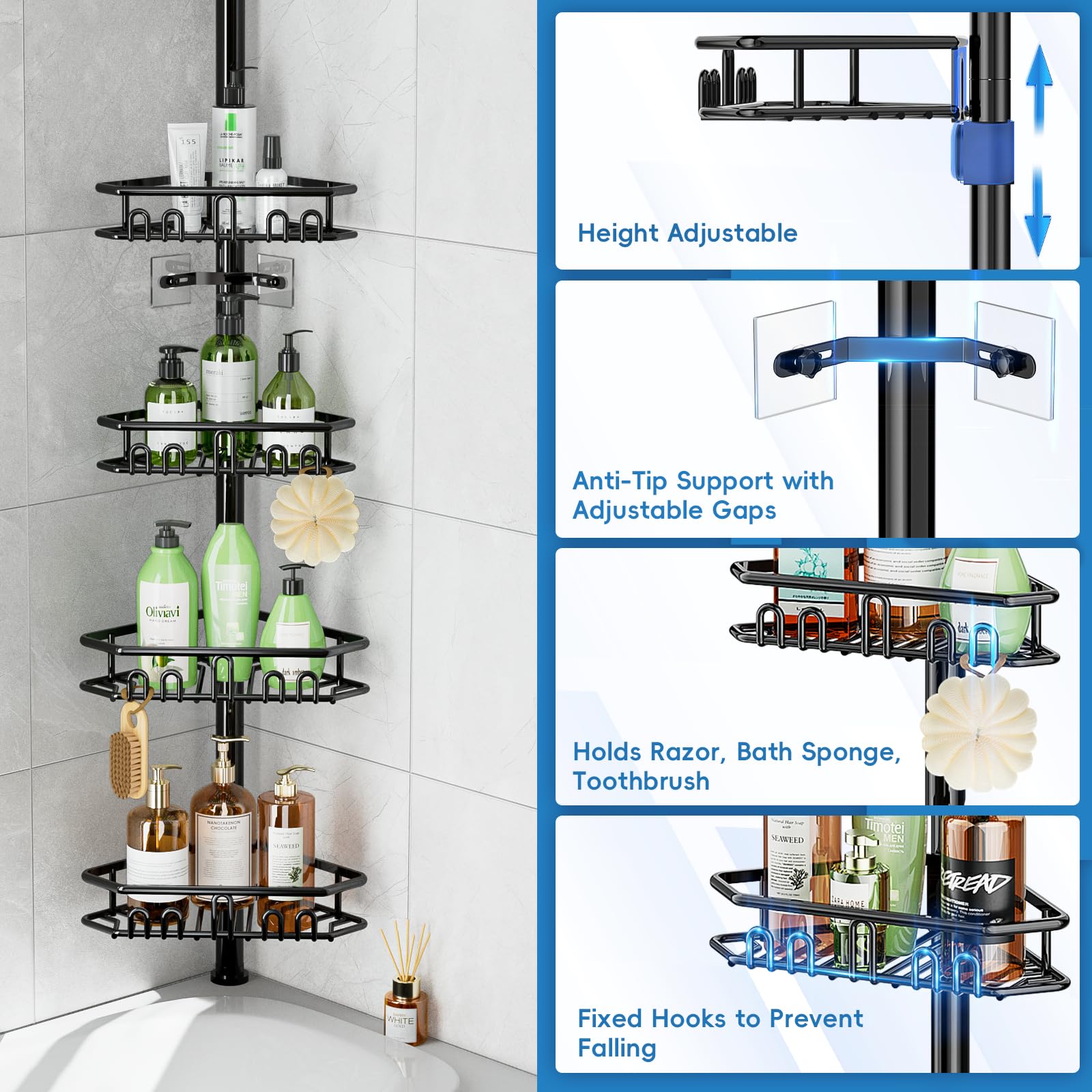 Yaonunoon Corner Shower Caddy Tension Pole- 4-Tier Adjustable Rustproof bathroom shower organizer- 62-115 Inch - 2024 New Adjustable Bathtub Organizer Shelves