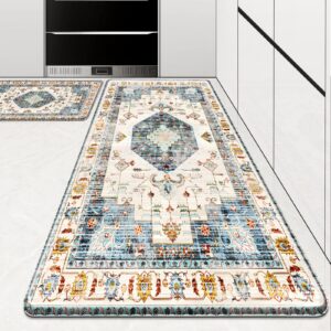 happytrends boho kitchen mat,anti-fatigue kitchen mats for floor cushioned rug for kitchen decor accessories,waterproof non-slip mats and rugs set for office,floor 17.3"×30"+17.3"×47",light blue