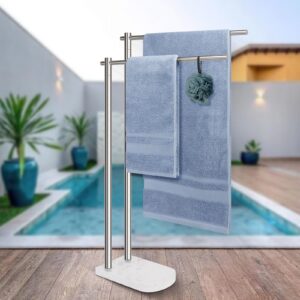 Livabber Standing Towel Rack, 304 Stainless Steel 2-Tier Towel Holder Stand with Marble Base, Modern Stylish Tall Shower Towel Rack for Bathroom Accessories, Pool（Brushed Nickel）