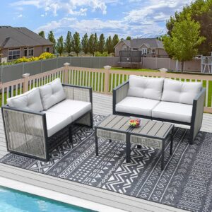 radiata pe wicker patio furniture set, modern outdoor all-weather rattan sofa sectional set with 4'' thick cushions and ottomans for backyard garden living room