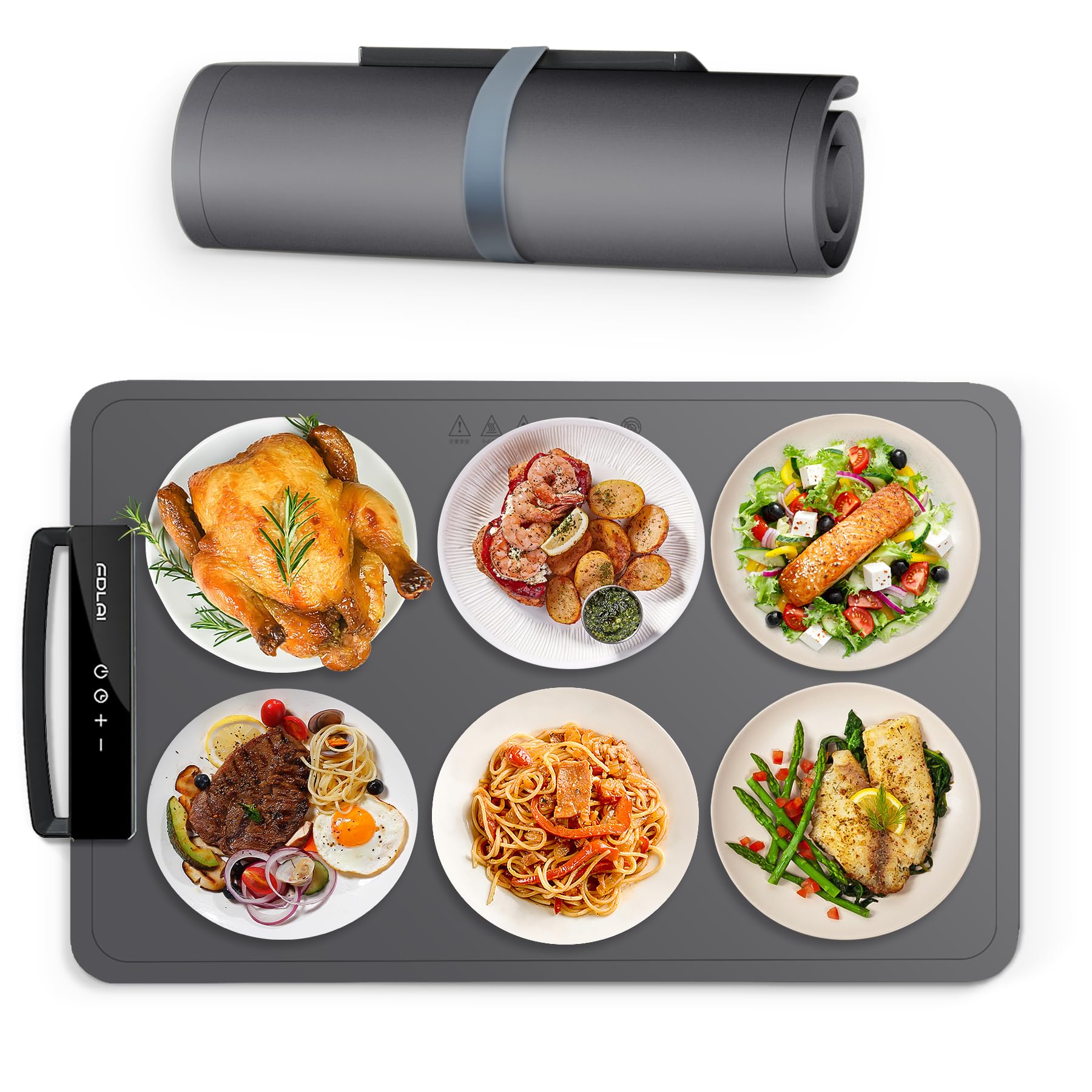 Portable Electric Warming Tray，Food Warming Mat with Adjustable Temperature, Silicone Foldable Food Warmer Fast Heating Mat ， Warming Trays for Buffets Party and Restaurants (Gray)