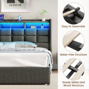 Driftalia Lift Up King Size Bed Frame with Storage, Upholstered King Bed Frame with Charging Station and LED Lights Headboard, No Box Spring Needed, Easy Assembly - Dark Grey