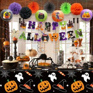 Halloween Decorations Indoor Outdoor- Happy Halloween Banner sets and Tablecloth , Halloween Garland Bat Ghost Pumpkin Halloween Party Decorations, Halloween Party Decorations Supplies