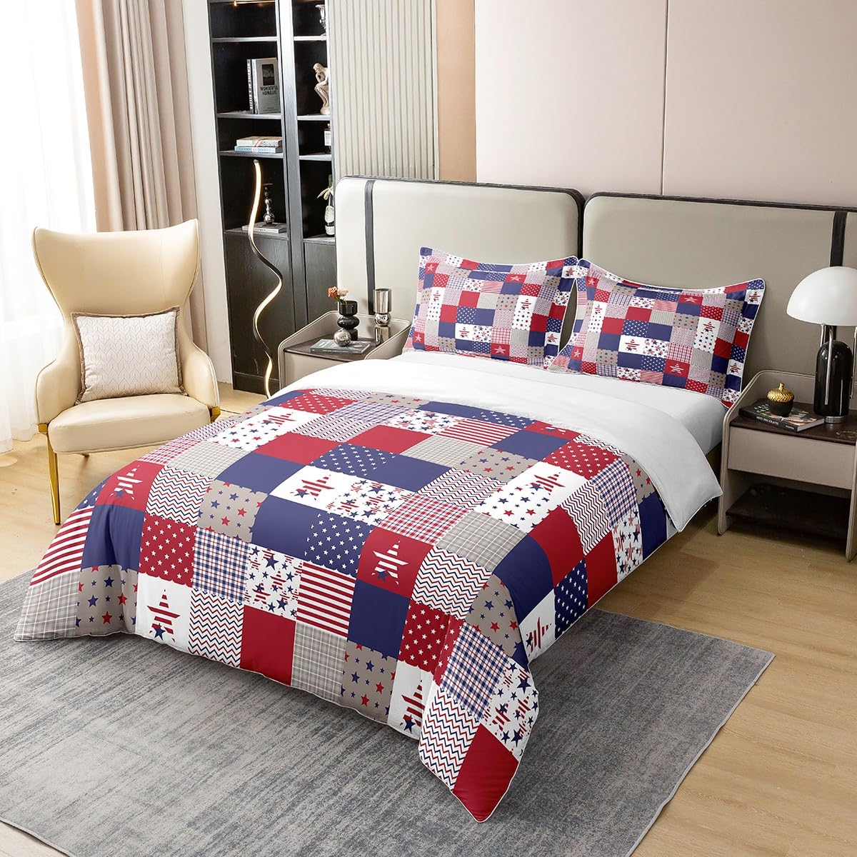 Feelyou Patriotic 4th of July Bedding Set King Size Americana Stars Plaid Duvet Cover 100% Cotton for Adults Women Men Independence Day Comforter Cover Set Red Blue Bedspread Cover 3Pcs,No Comforter