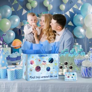 Baby Boy Gift Bags First Trip Around The Sun Decoration Galaxy Space 1st Birthday Wrapping Paper Bag Planet One Year Old Greeting Card Tissue Papers for Boys Baby Shower Party Favors Decor Supplies