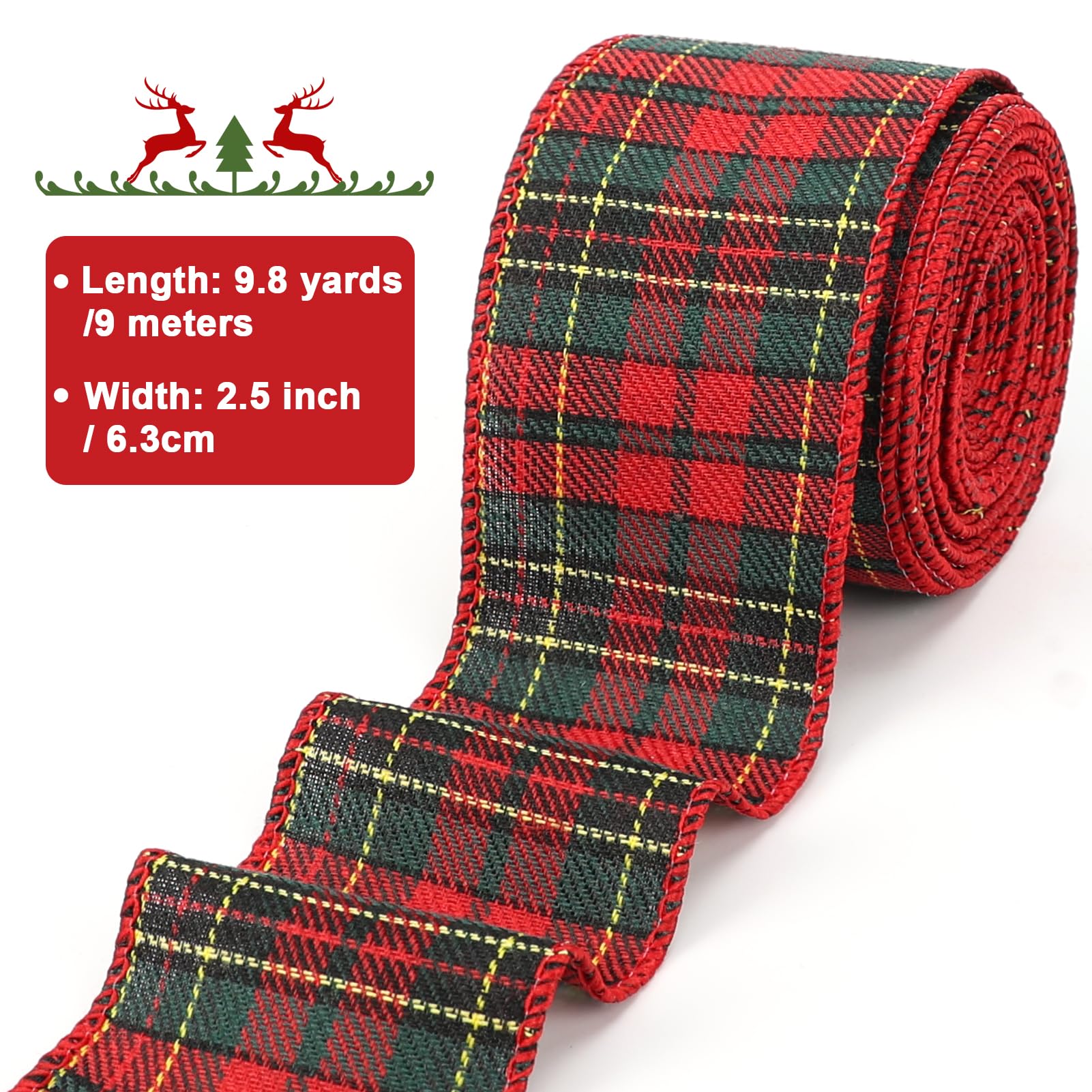 Tenn Well Buffalo Plaid Ribbon, 9.8 Yards 2.5 inch Wired Christmas Ribbon, Red and Green Plaid Ribbon for Christmas Tree, Bow Making, Wreath Making, Holiday Decorations