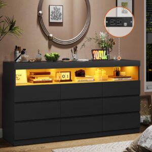 HAUOMS Black Dresser for Bedroom with LED Lights, Large Chest of Drawers Handle Free, Modern Long Dresser with 9 Drawers & Charging Station,for Living Room,Cloakroom,Entryway