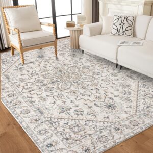 gatwobr washable area rugs 8x10 :beige large living room bedroom rug - vintage soft indoor floor carpet with non-slip rubber backing for dining room under table home office