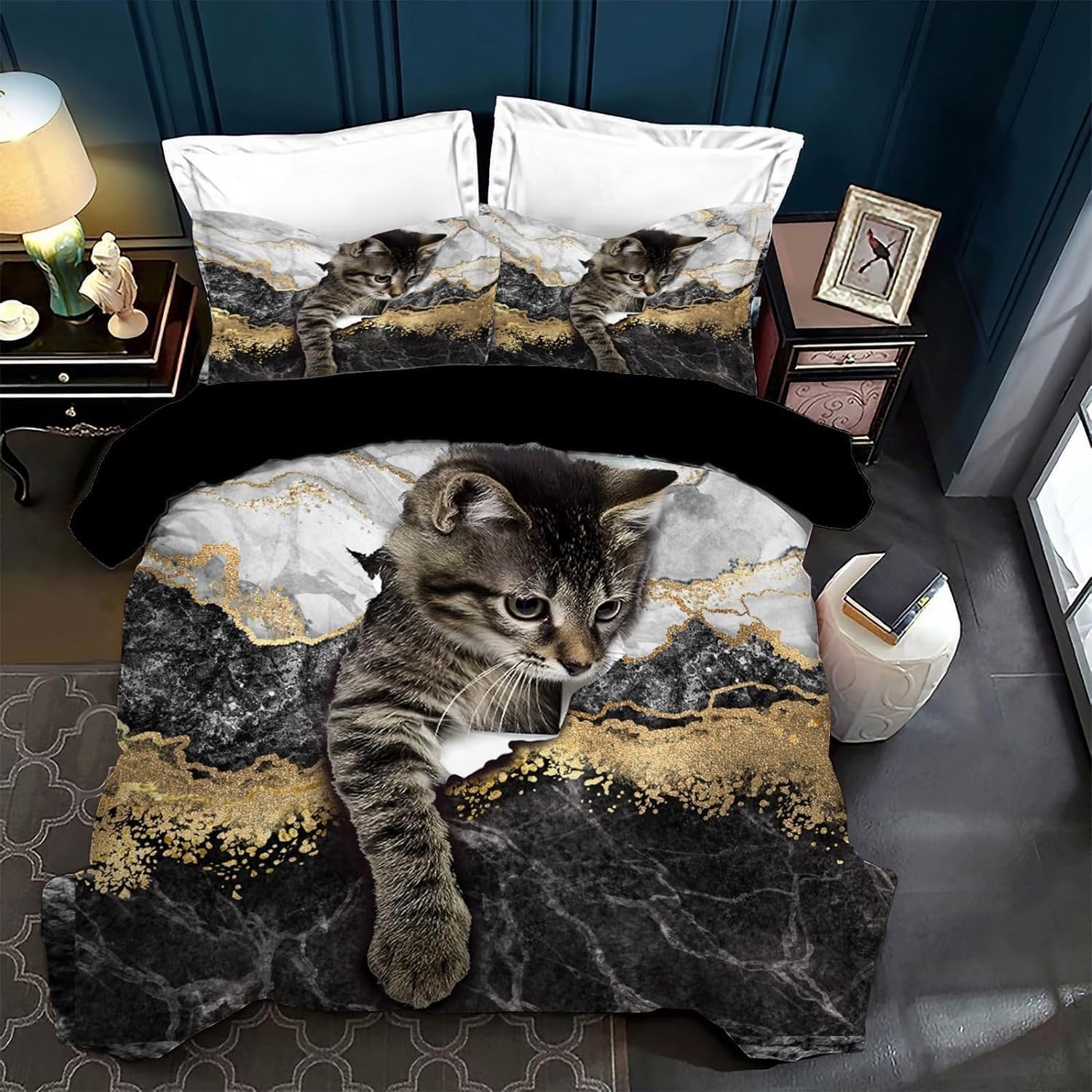 EXSANLIEAY Marble Twin Duvet Cover Cat Twin Size Bedding Set Soft Skin-friendly, Quilt Cover 68"x90" with 2 Pillow Sham 20"x26" - Zipper Closure and Corner Ties for Kids Teens Adult