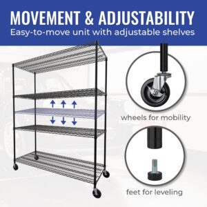 SafeRacks - NSF Certified Storage Shelves, Zinc, Heavy Duty Steel Wire Unit with Wheels and Adjustable Feet, Garage or Bakers Rack, Kitchen, Pantry Shelf - (24"x60"x72" 4-Tier) (Black)