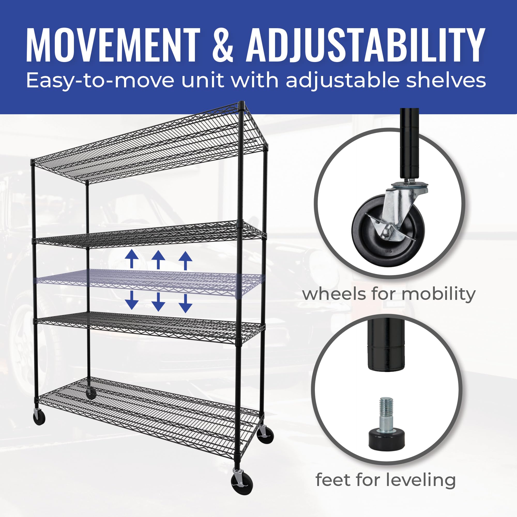 SafeRacks - NSF Certified Storage Shelves, Zinc, Heavy Duty Steel Wire Unit with Wheels and Adjustable Feet, Garage or Bakers Rack, Kitchen, Pantry Shelf - (24"x60"x72" 4-Tier) (Black)