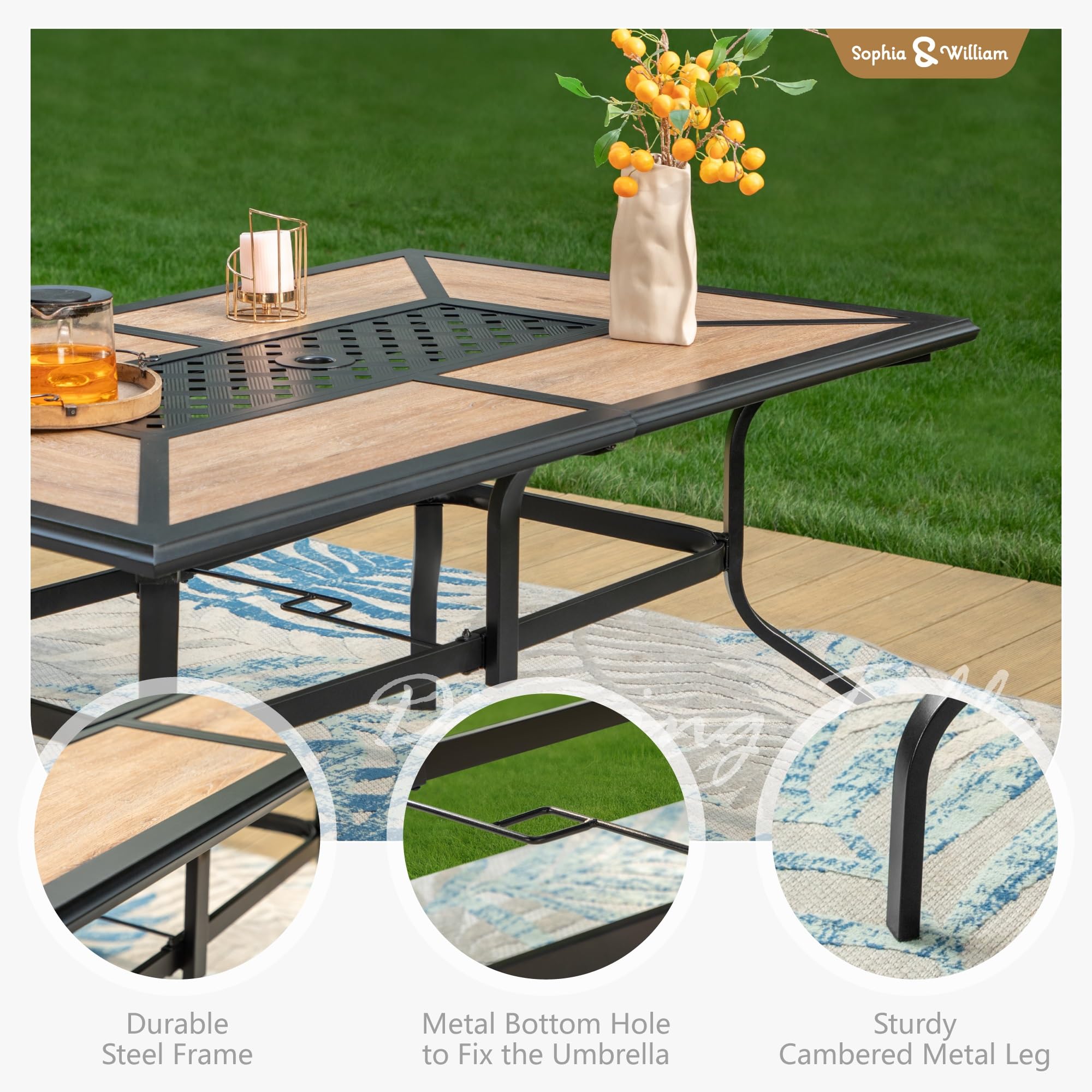 Sophia & William Rectangular Outdoor Dining Table with 1.6"-2" Adjustable Umbrella Hole, 6 Person Patio Table for Outdoor, Rectangle Patio Table with Faux Wood Tabletop and Metal Steel Frame