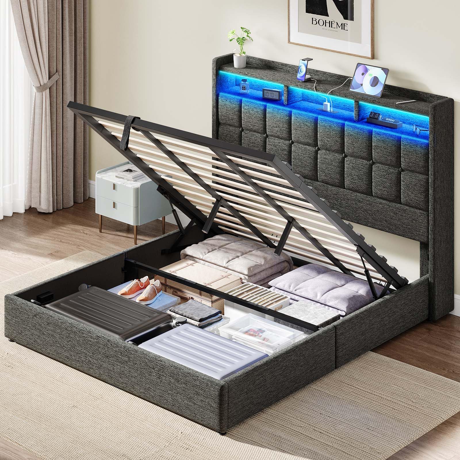 Driftalia Lift Up King Size Bed Frame with Storage, Upholstered King Bed Frame with Charging Station and LED Lights Headboard, No Box Spring Needed, Easy Assembly - Dark Grey