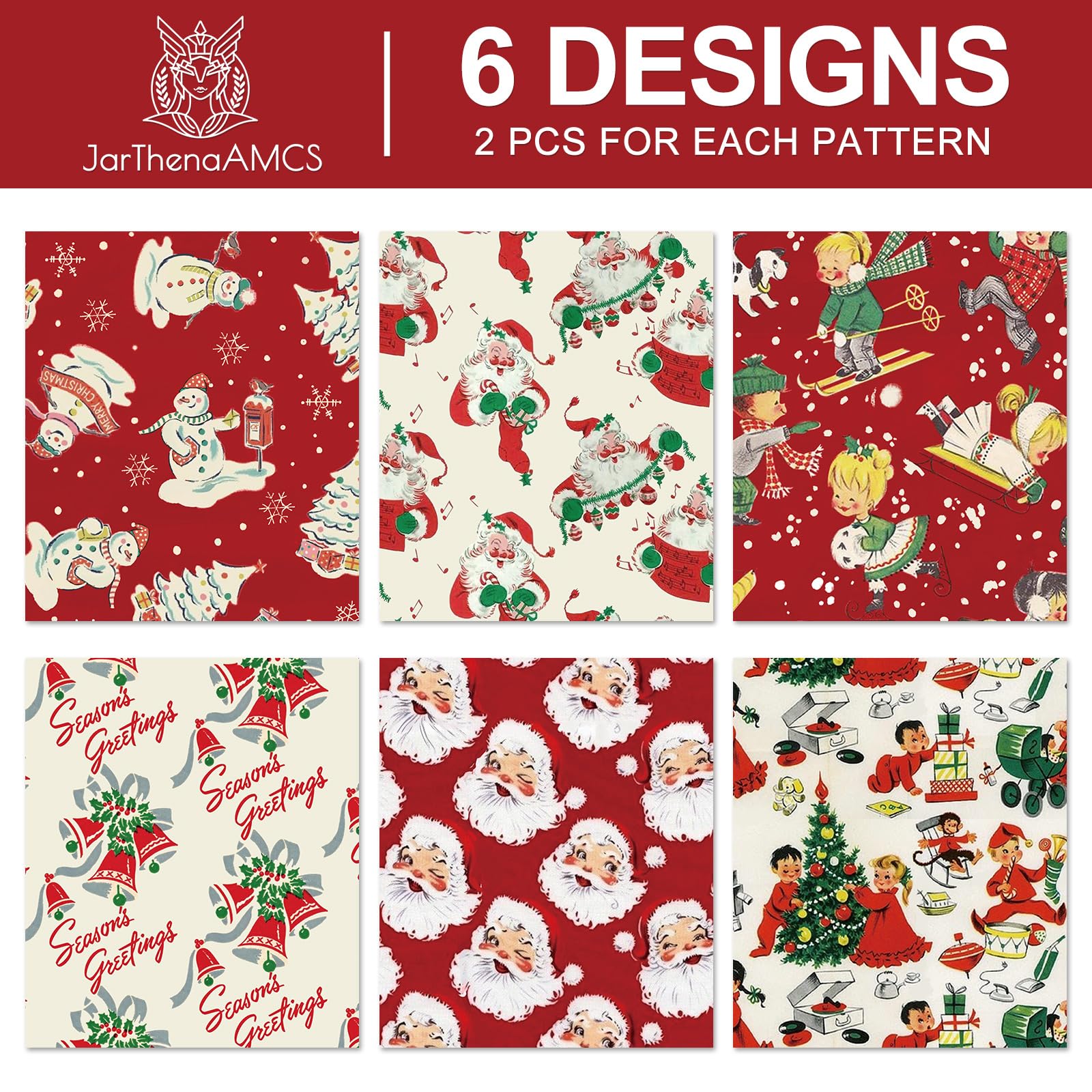 JarThenaAMCS 12 Sheet Christmas Wrapping Paper -Not Roll- Red Santa Snowman Gift Wrap Paper Folded Flat Seasonal Art Paper for Winter Xmas Birthday Baby Shower DIY Crafts, 19.7 x 27.6 Inch