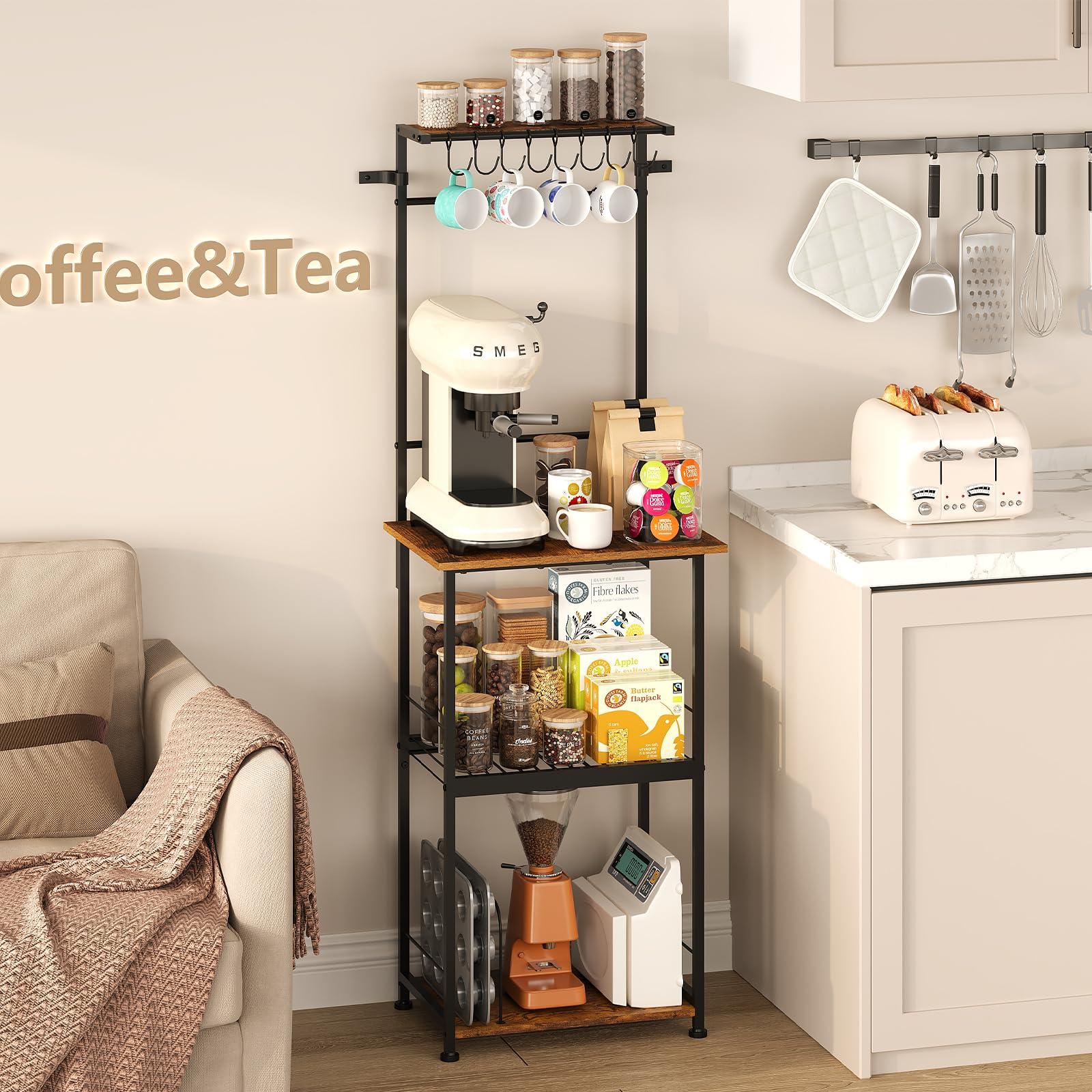 Jakyitvi 4 Tier Coffee Bar Station, Coffee Stand with 8 Hooks Coffee Bar Cabinet for Coffee Accessories Coffee Station for Small Space Kitchen/Living Room/Entrance