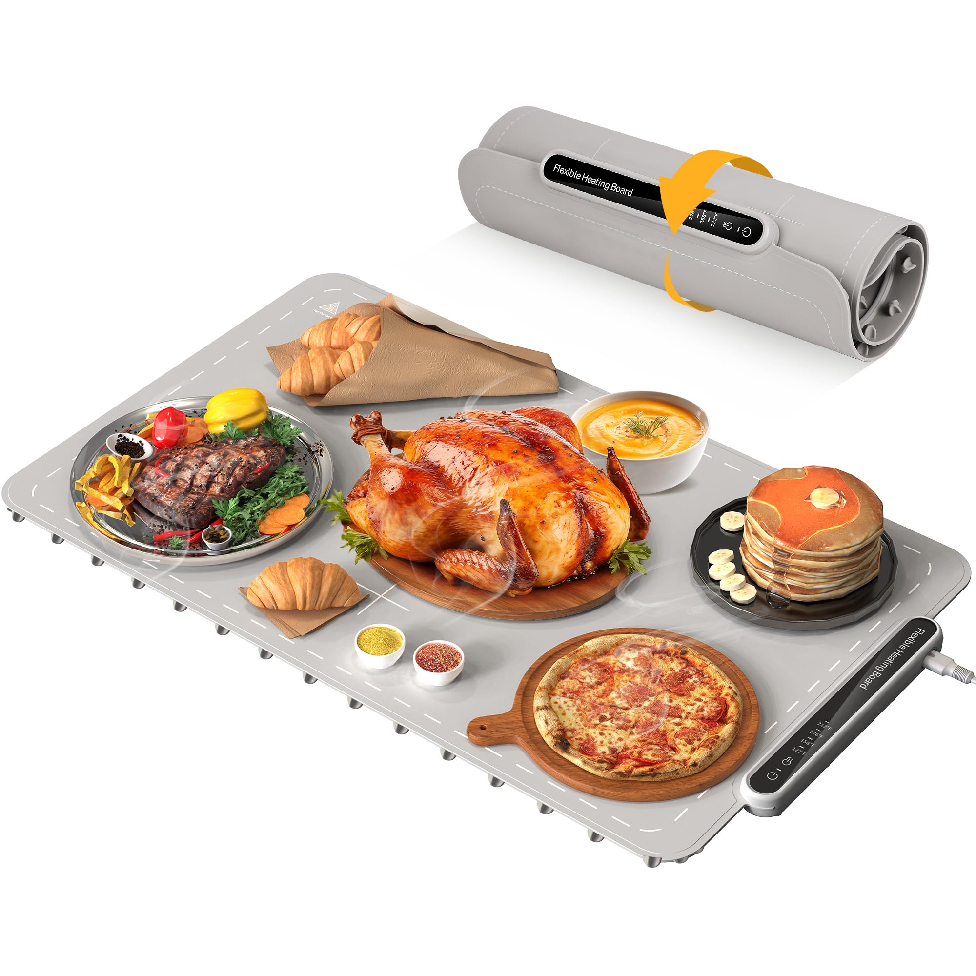 Qimh Food Warming Mat, Electric Warming Tray for Parties Buffet, Full Silicone Surface with 4 Temperature Setting & 10s Rapid Heating, Portable Food Heater for Countertop, Familly Gatherings, Sabbath