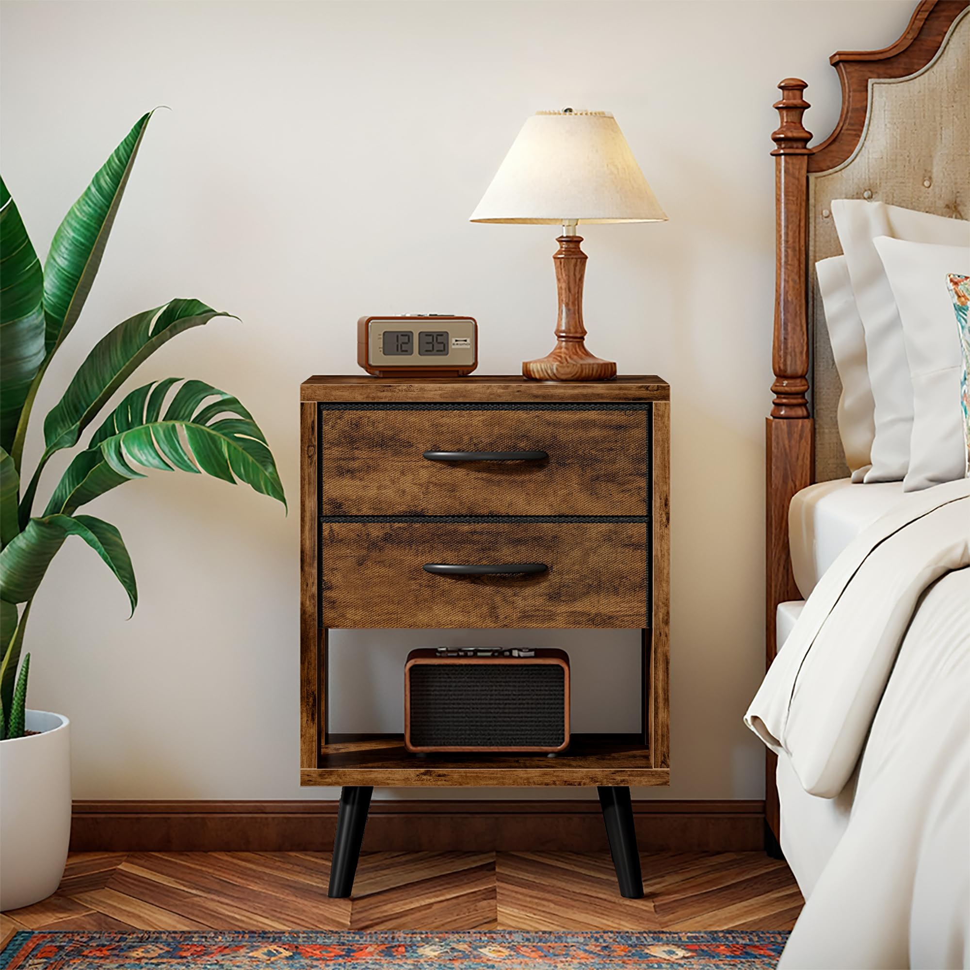 GYIIYUO Nightstands Set of 2 with 2 Fabric Storage Drawers and Open Wood Shelf, Side Table with Storage for Bedroom, Night Stand with Drawer for Bedroom, Bedside Tables - Rustic Brown