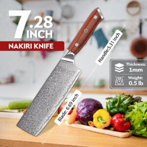 Purple Dragon Damascus Nakiri Knife, 7 Inch Meat Cleaver Knife, VG10 Steel Kitchen Knife for Cutting Vegetables, Chopping Meat, Razor-Sharp Chef's Knife with Gift Box