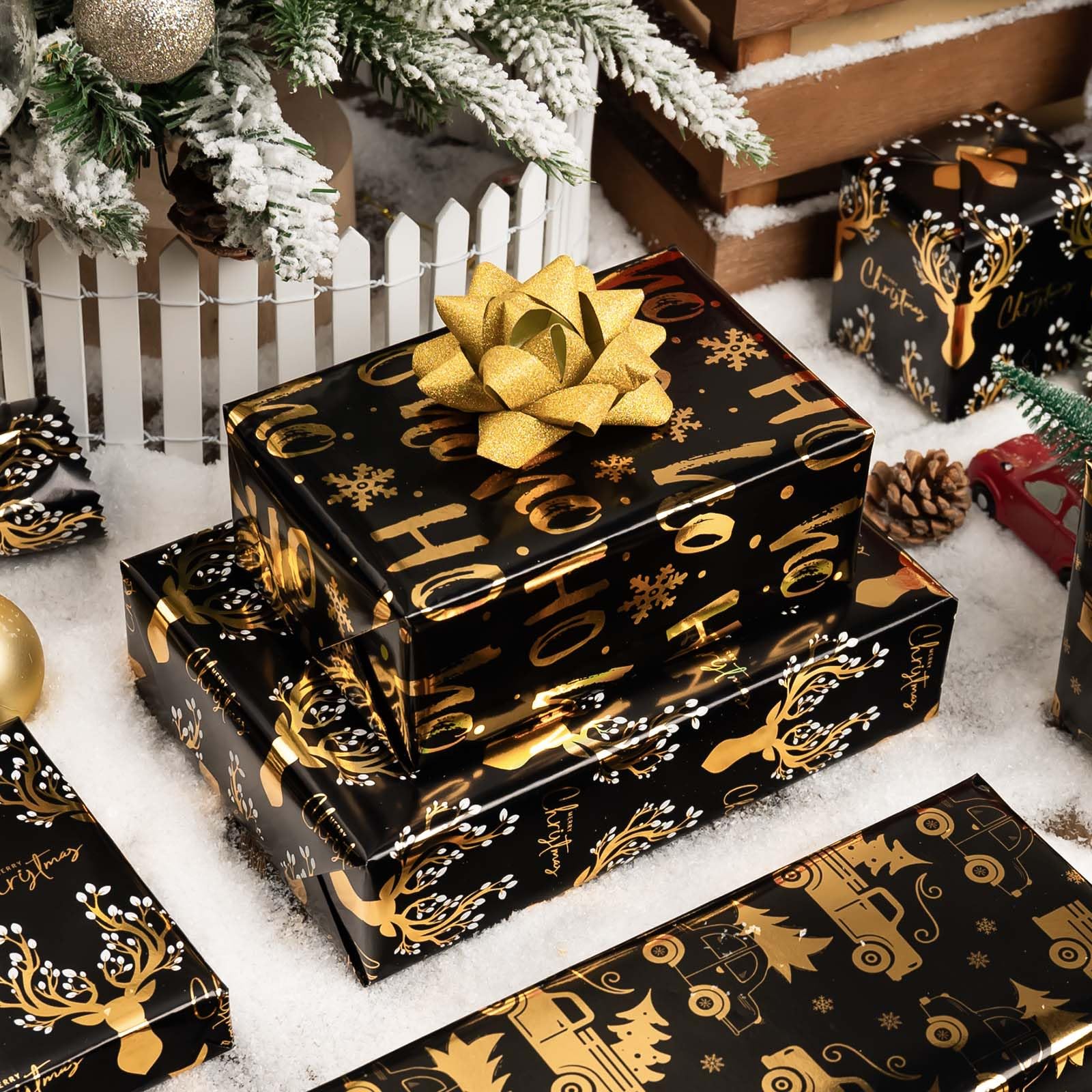 MIMUTI Christmas Wrapping Paper -Black and Gold Gift Wrapping Paper Roll with Cut Lines on Reverse, 17 in x 10 ft Christmas Wrapping Paper Rolls Elk, Ho and Car Design for Holiday, Chrsitmas, Party, Celebration