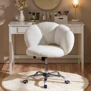 Yaheetech Boucle Upholstered Desk Chair Cloud-Shaped Vanity Chair Adjustable Home Office Chair Computer Chair with Rolling Wheels for Living Room, Bedroom White