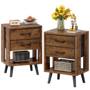 gyiiyuo nightstands set of 2 with 2 fabric storage drawers and open wood shelf, side table with storage for bedroom, night stand with drawer for bedroom, bedside tables - rustic brown