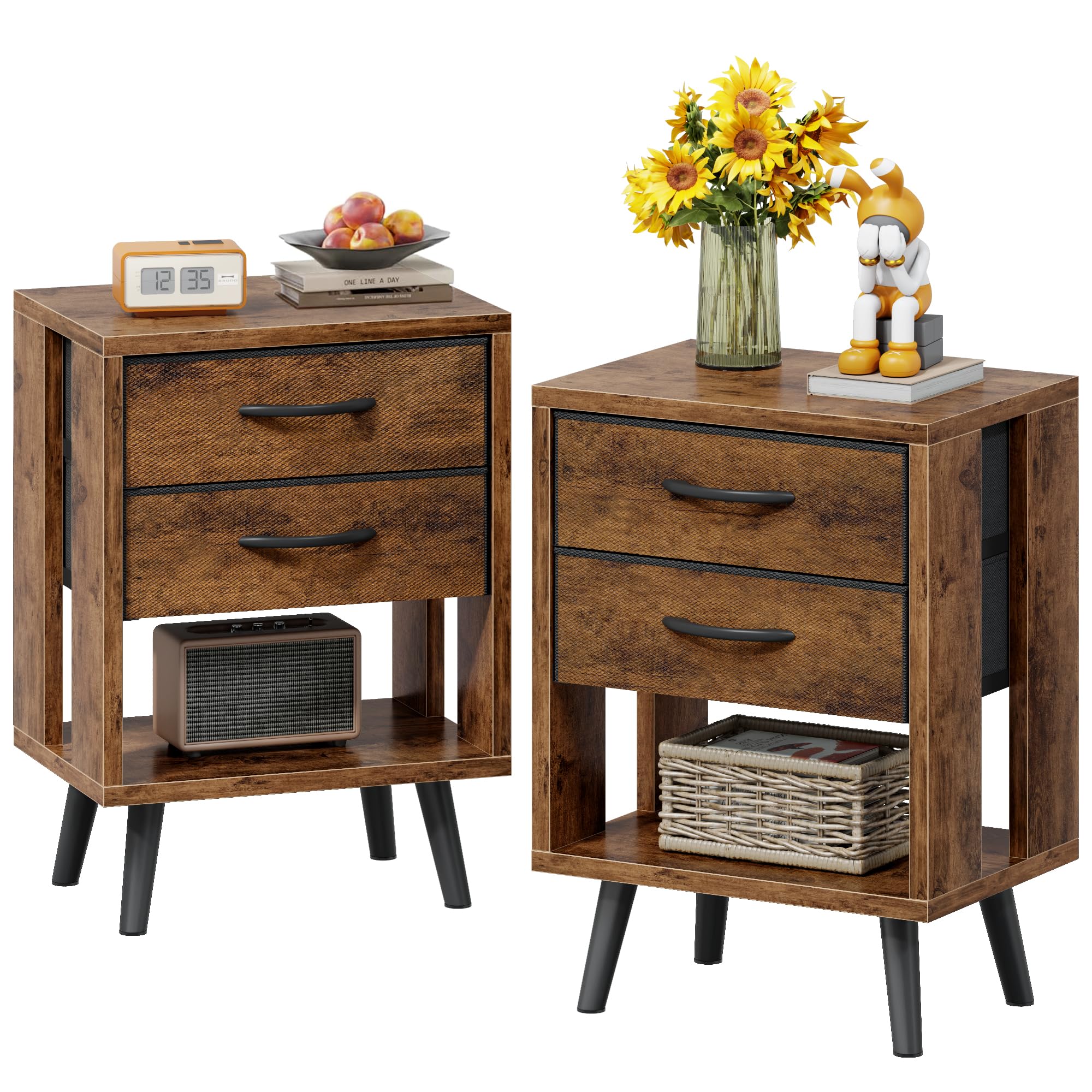 GYIIYUO Nightstands Set of 2 with 2 Fabric Storage Drawers and Open Wood Shelf, Side Table with Storage for Bedroom, Night Stand with Drawer for Bedroom, Bedside Tables - Rustic Brown