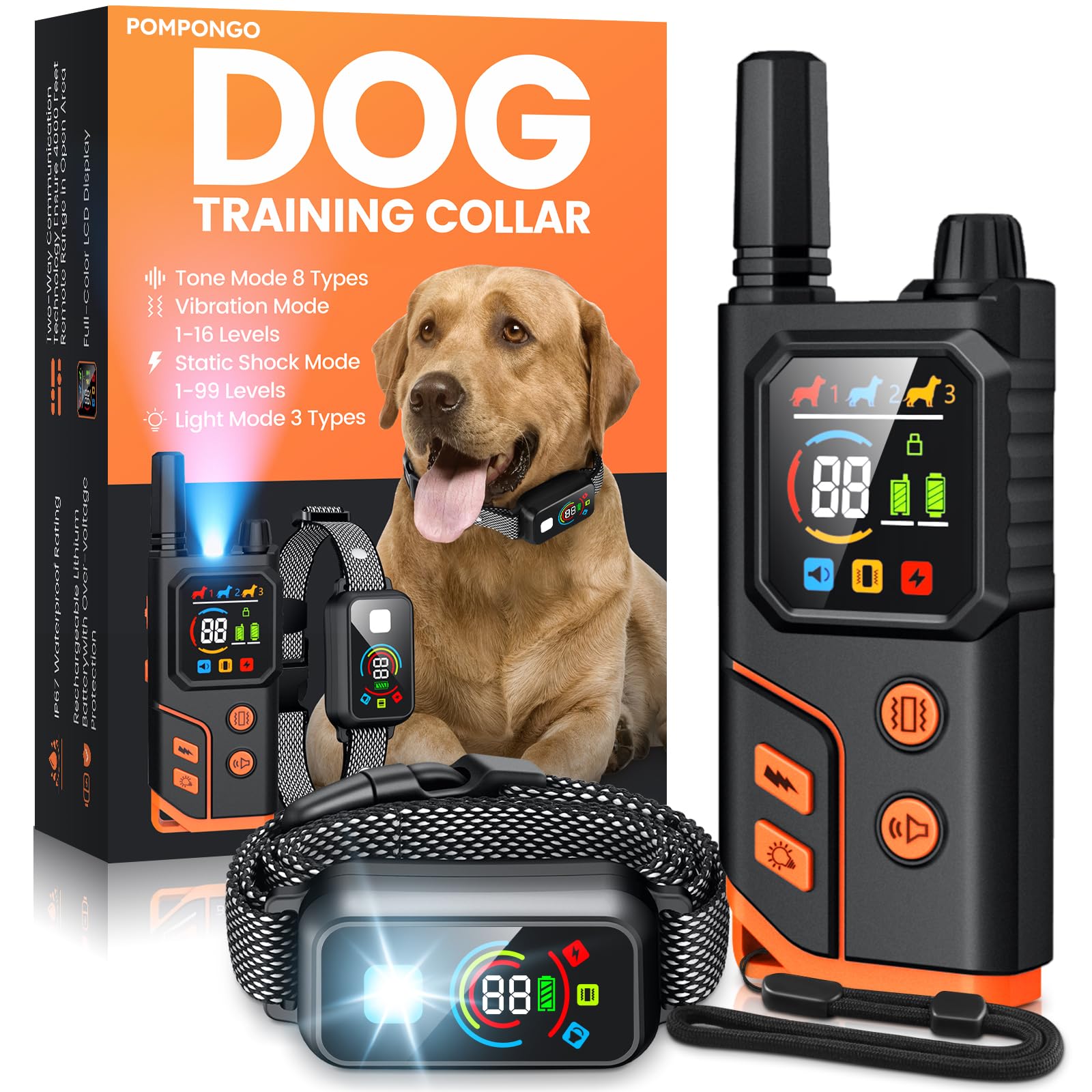 Dog Shock Collar 3300FT with Light for Night Walks, Dog Training Collar with Remote Control, E Collar with Adjustable Pitch Beep,Vibration and Shock,Rechargeable Waterproof Shock Collar for Dogs