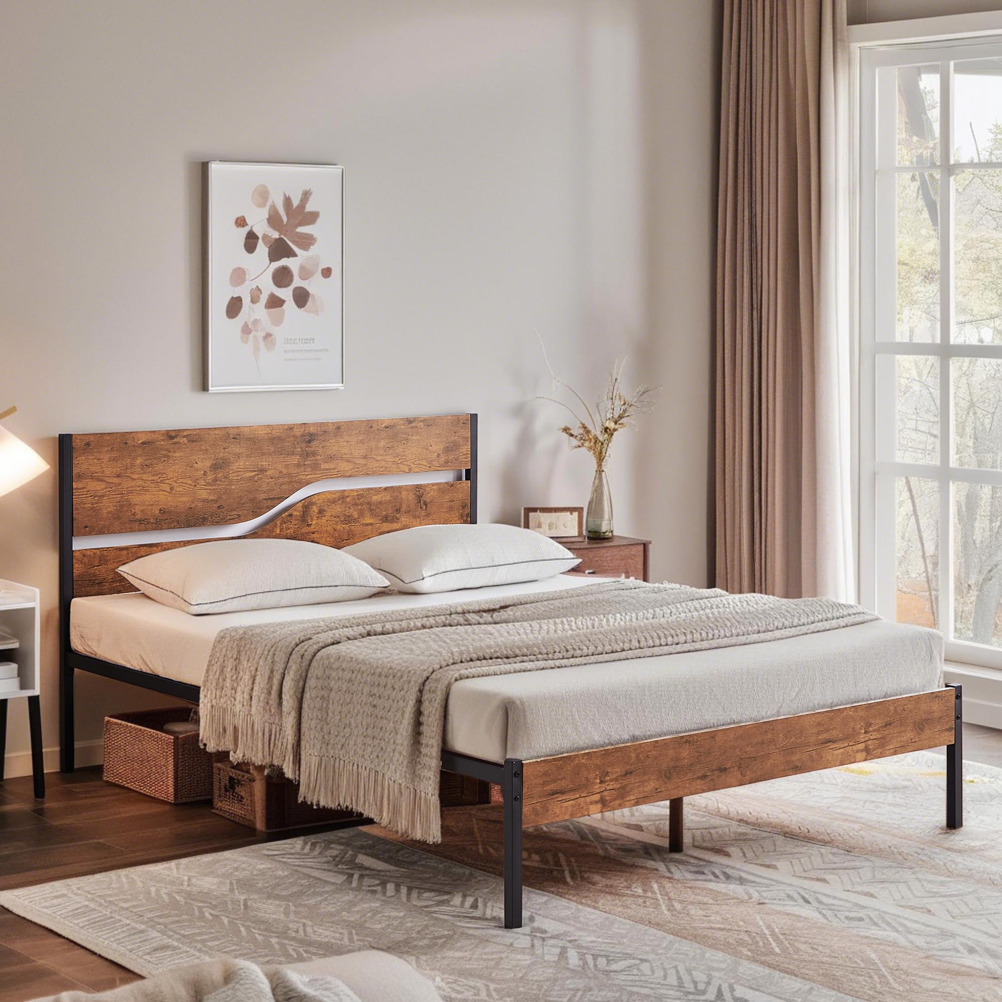 VECELO Full Size Platform Bed Frame with Wood Headboard, Solid and Strong Metal Support, No Box Spring Needed