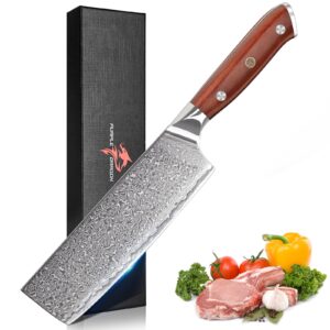 purple dragon damascus nakiri knife, 7 inch meat cleaver knife, vg10 steel kitchen knife for cutting vegetables, chopping meat, razor-sharp chef's knife with gift box