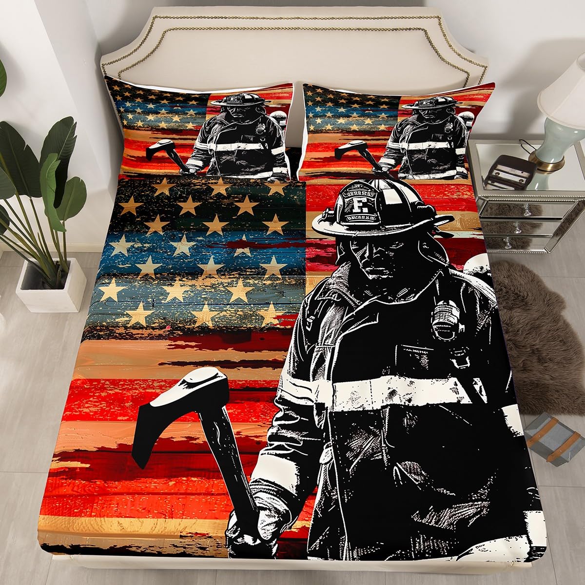 Firefighter Kids Sheet Queen Size,American Flag Retro Bedding Set,Boys Men Room Decor,Fireman Firefighting Theme Red Black Bed Sheet Set 4pcs(Fitted + Flat + 2 Pillowcases)