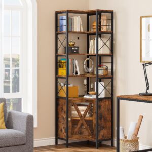 YITAHOME Corner Bookshelf with Storage, 7-Tier Corner Shelf with Doors, Large Corner Bookcase Display Rack for Living Room Bedroom Home Office, Rustic Brown