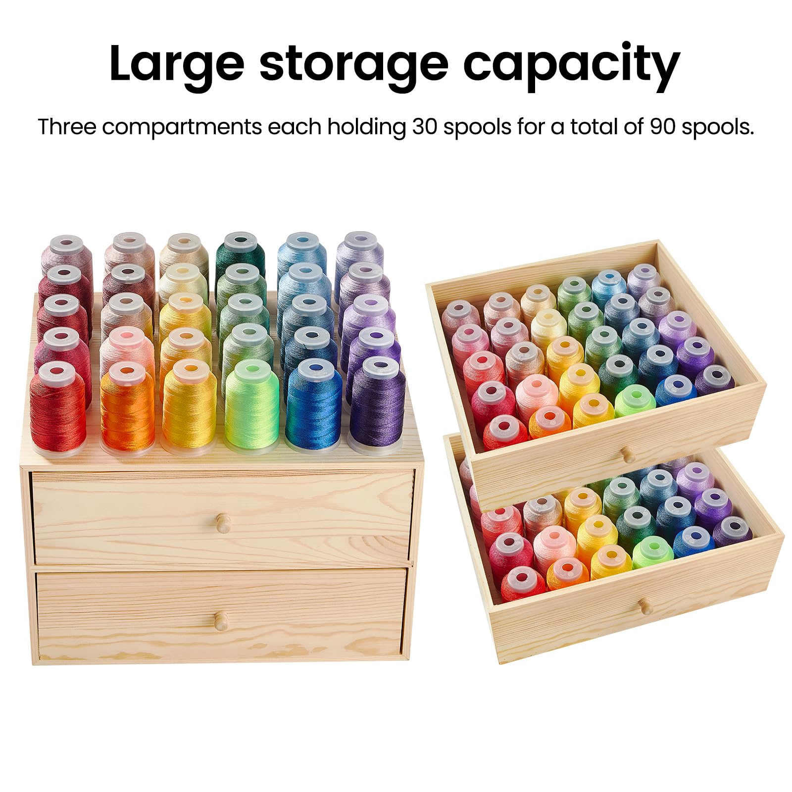 PAZIONMI Wooden Thread Box Thread Holder Thread Rack Sewing and Embroidery Thread Storage Box/Organizer for Sewing 90-Pools(Drawer Spool Size Requirement: Height≤3", Width≤2.5",Top for Taller Spools)