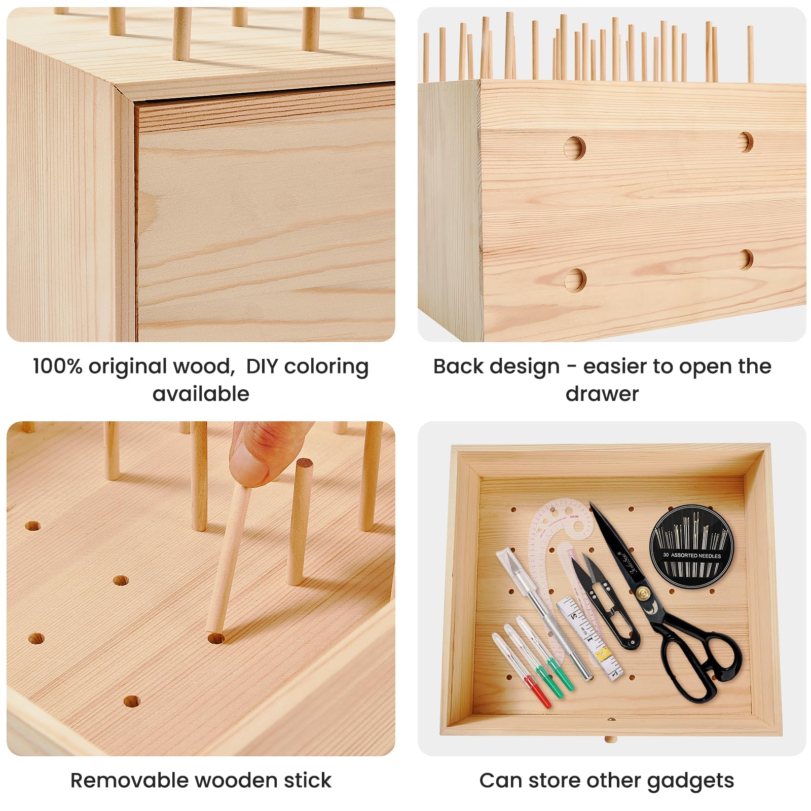 PAZIONMI Wooden Thread Box Thread Holder Thread Rack Sewing and Embroidery Thread Storage Box/Organizer for Sewing 90-Pools(Drawer Spool Size Requirement: Height≤3", Width≤2.5",Top for Taller Spools)