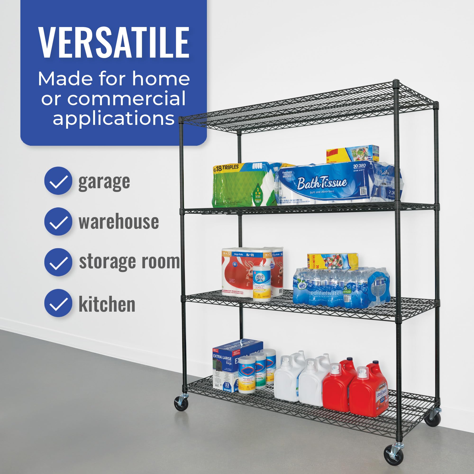 SafeRacks - NSF Certified Storage Shelves, Zinc, Heavy Duty Steel Wire Unit with Wheels and Adjustable Feet, Garage or Bakers Rack, Kitchen, Pantry Shelf - (24"x60"x72" 4-Tier) (Black)