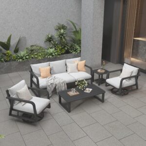 aluminum patio furniture set,5-piece metal patio conversation set with swivel rocking chairs,all-weather modern outdoor sectional sofa for lawn, garden, backyard, balcony (light grey cushions)