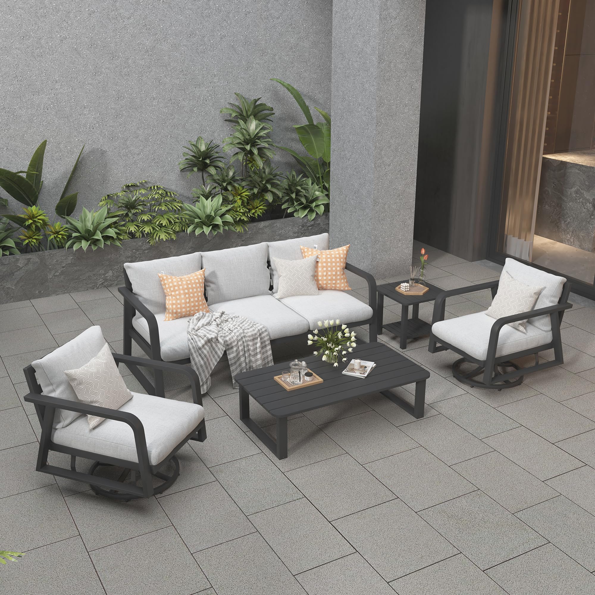 Aluminum Patio Furniture Set,5-Piece Metal Patio Conversation Set with Swivel Rocking Chairs,All-Weather Modern Outdoor Sectional Sofa for Lawn, Garden, Backyard, Balcony (Light Grey Cushions)