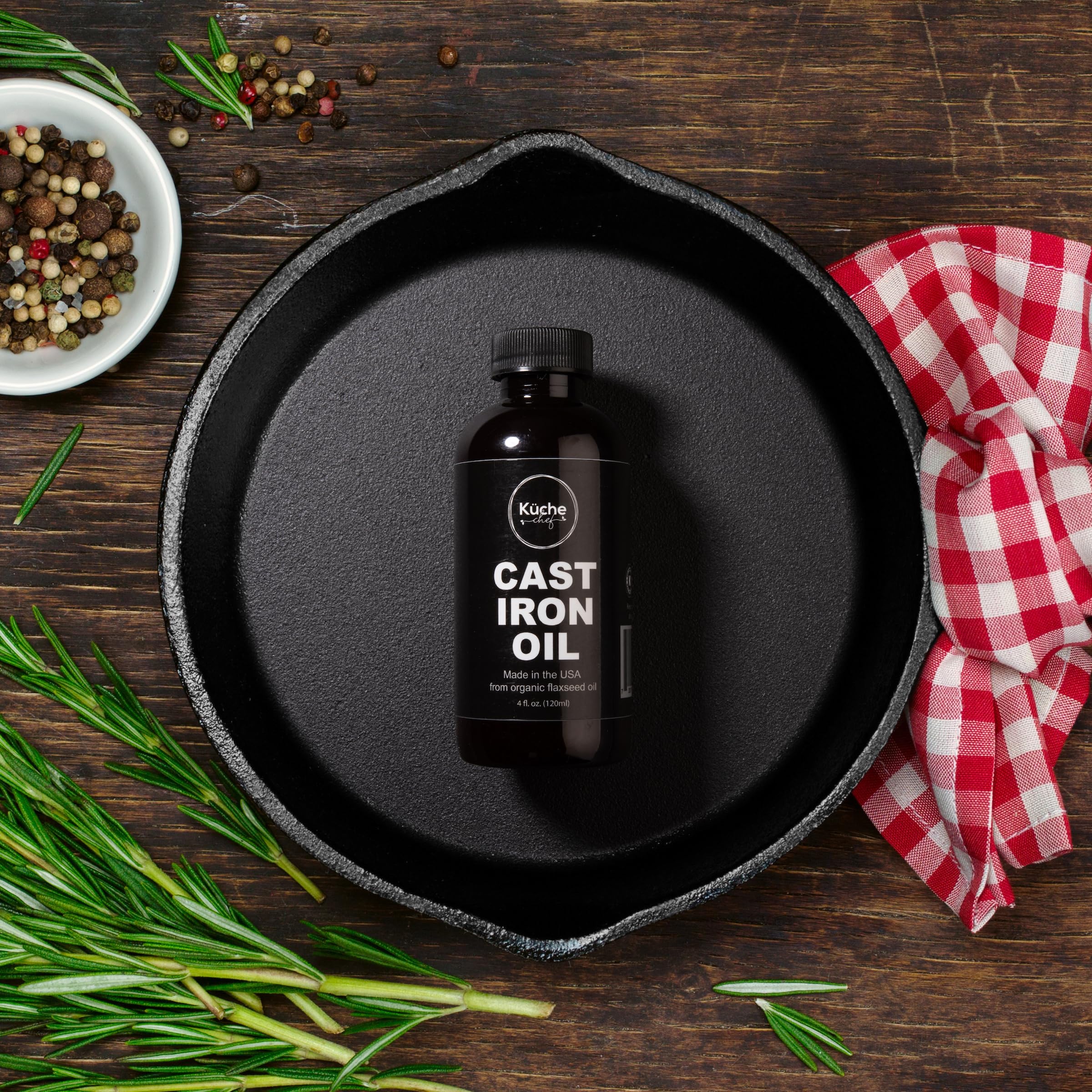 Kuche Chef Organic Cast Iron Oil & Cast Iron Conditioner – Made from Flaxseed Oil grown and pressed in the USA – Creates a Non-Stick Seasoning on All Cast Iron Cookware (240ml)