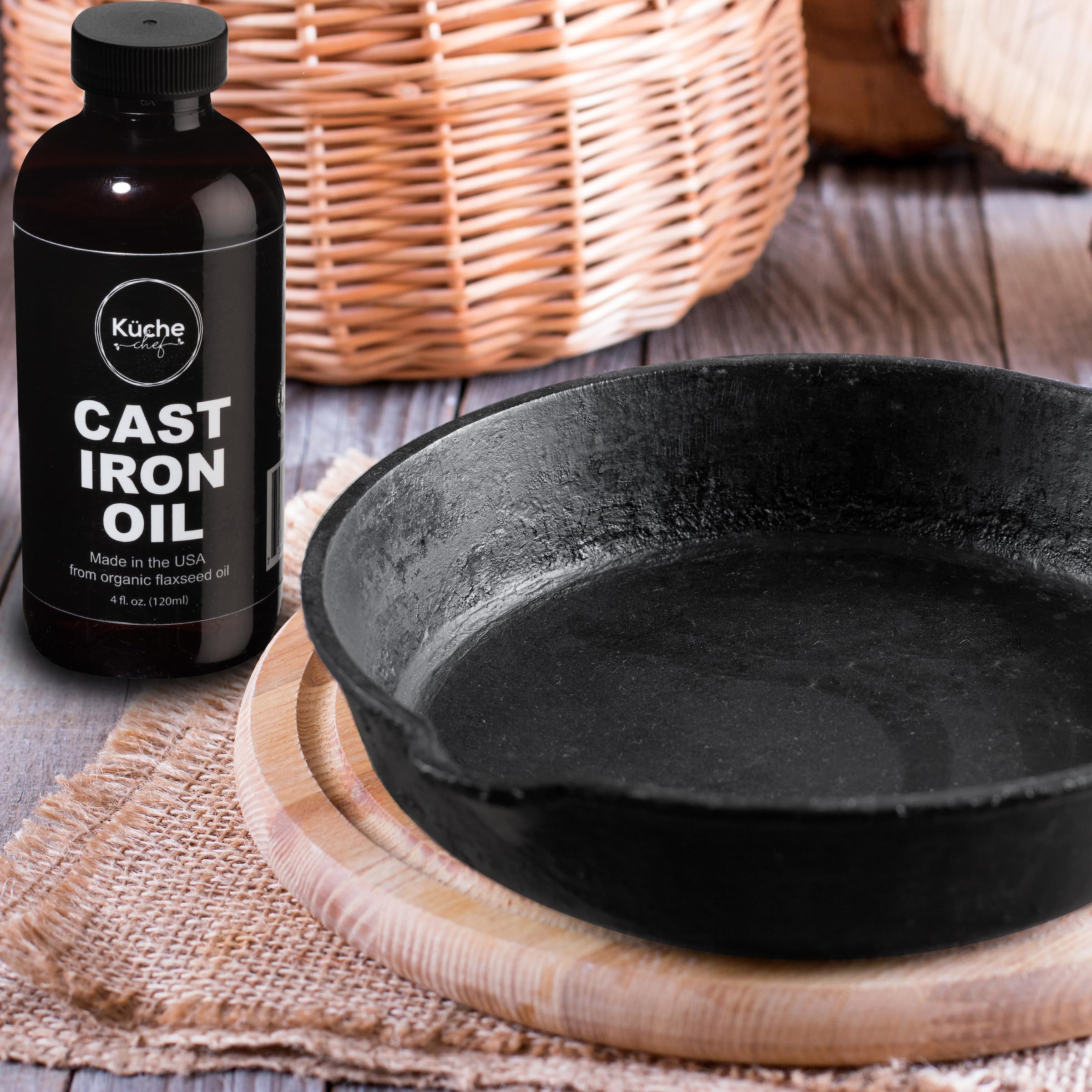 Kuche Chef Organic Cast Iron Oil & Cast Iron Conditioner – Made from Flaxseed Oil grown and pressed in the USA – Creates a Non-Stick Seasoning on All Cast Iron Cookware (240ml)