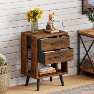 GYIIYUO Nightstands Set of 2 with 2 Fabric Storage Drawers and Open Wood Shelf, Side Table with Storage for Bedroom, Night Stand with Drawer for Bedroom, Bedside Tables - Rustic Brown