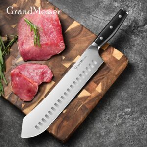 GrandMesser Butcher Knife, 10″ Bullnose Carving Knife & 9″ Sharpening Rod, Full Tang Ergonomic Handle Design, Forged High Carbon Steel, Premium Brisket Slicing Breaking Knife.