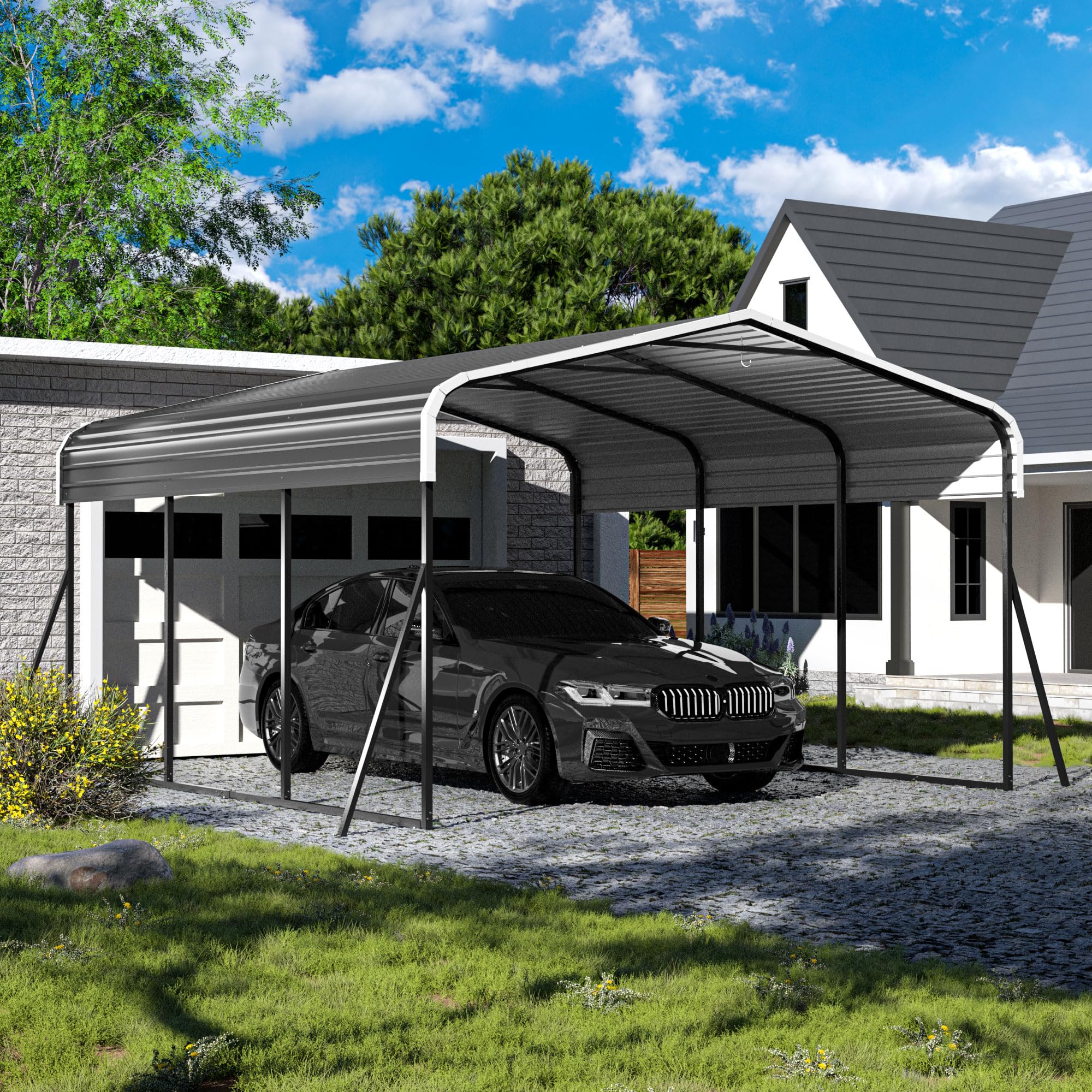 HOGYME Carport 10x15 FT Heavy Duty Carport Canopy with Updated Frame Structure Galvanized Steel Roof and Enhanced Base, Metal Carport Garage for Pickup, Boat, Car and Tractors, Grey